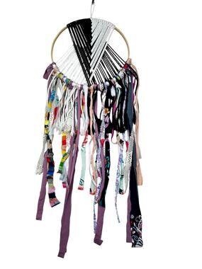 Handmade Boho Dream Catcher Black White Woven Hoop Colorful Fabric Tassels OOAK